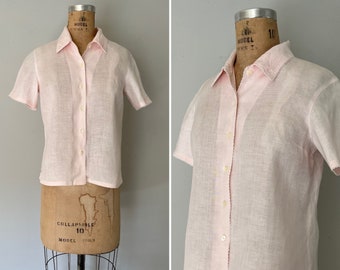 1990s Petal Pink Irish Linen Embroidered Short Sleeve Blouse | 90s Linen Camp Shirt