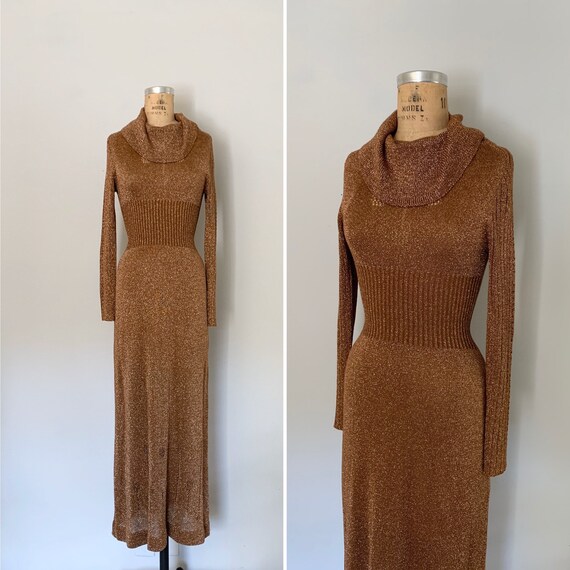 Vintage 1970s Wenjilli Metallic Maxi Dress / 70s S