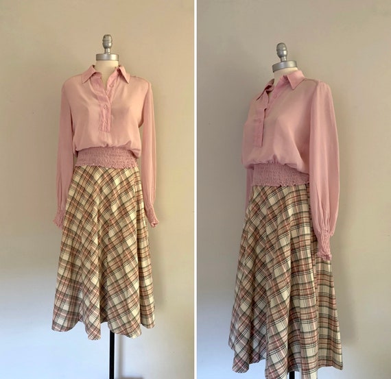 1970s Swingy Bias Cut Plaid Skirt / 70s Flared Pas