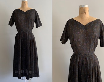 1950s Moody Floral Print Pleated Skirt Dress / vintage 50s dark print floral fit and crystal pleat l'aiglon dress
