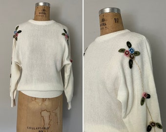 1970s/80s Dolman Sleeve Sweater with Dimensional Flowers