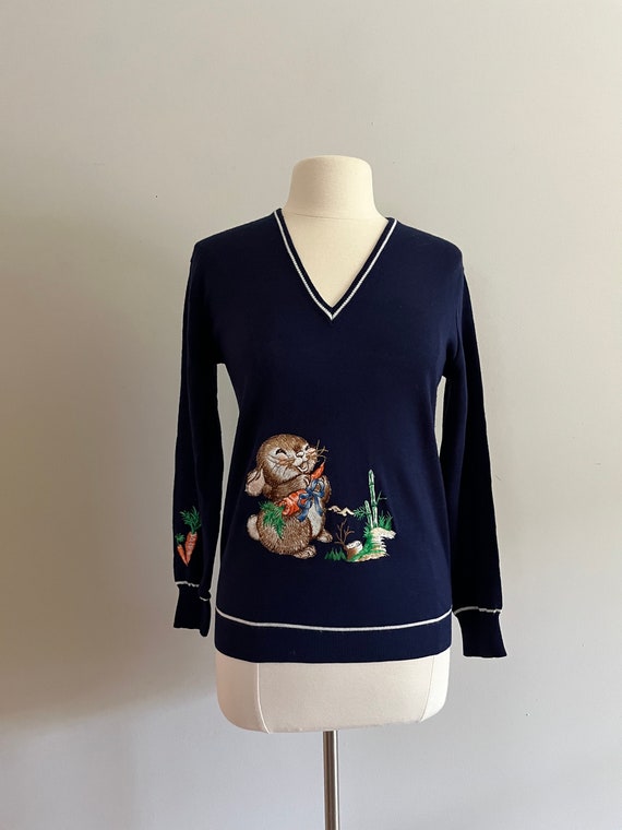 Vintage 1970s Novelty Sweater /70s Bunny Pullover - image 2