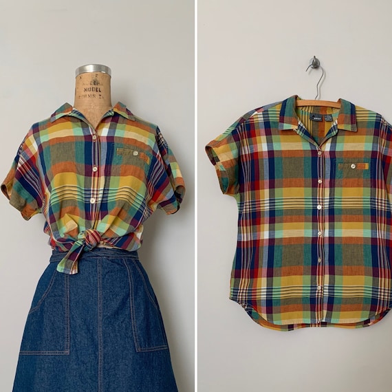 1980s Cotton Madras Plaid Camp Shirt / 80s Oversiz