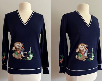 Vintage 1970s Novelty Sweater /70s Bunny Pullover