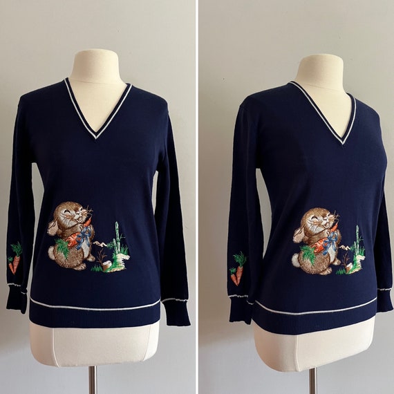 Vintage 1970s Novelty Sweater /70s Bunny Pullover - image 1