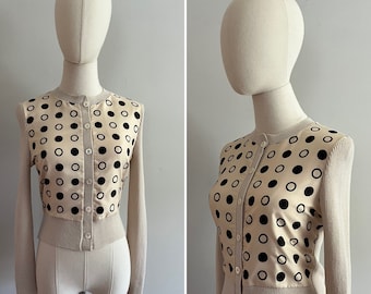 1970s Santana Knit Cardigan with Polka Dot Front l Tailored Sweater Jacket