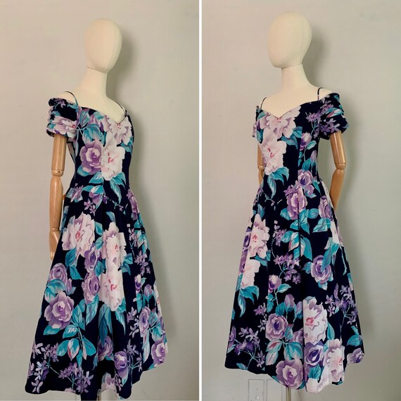 1990s Floral Cotton Off Shoulder Dress - image 2