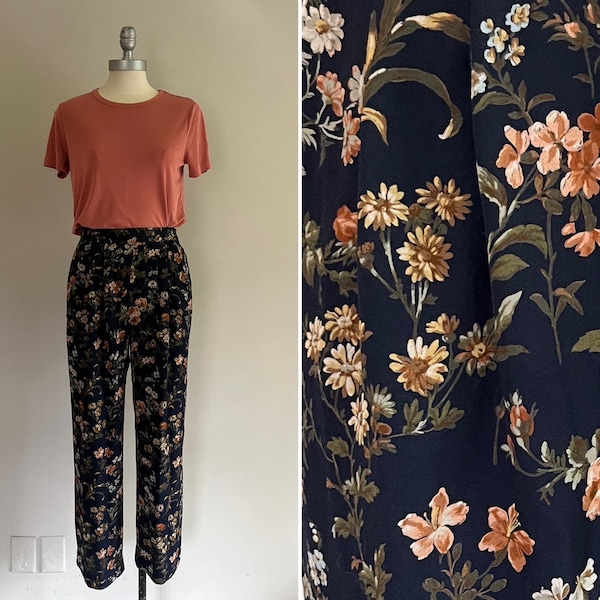 1980s  Drapey Pleated Floral Rayon Trousers l  80s 90s  Herman Giest Navy Floral Pants
