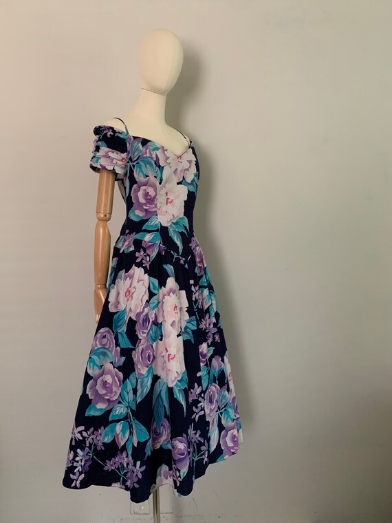 1990s Floral Cotton Off Shoulder Dress - image 6