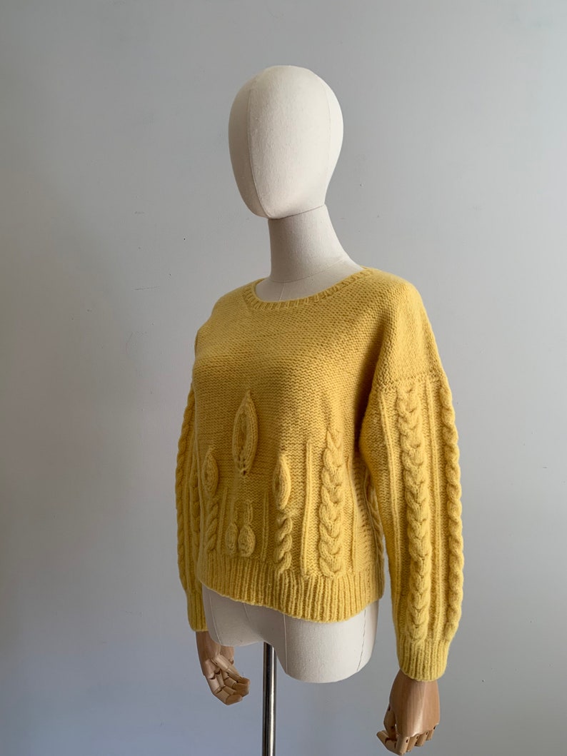 Vintage Chunky Hand Knit Soft Wool Pullover / Bright Yellow Dimensional Knit Hand Knit Sweater image 4