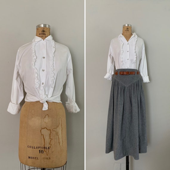 1970s Western Style Blouse / 70s Ruffled White Cot