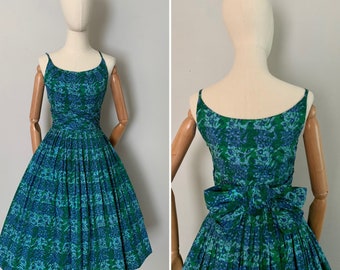 1950s Cotton Print Dress with Back Bow/ 50s Green and Blue Print Sundress / 1950s Cotton Batik Print Dress