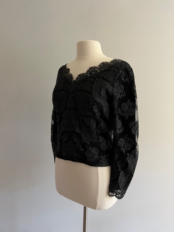 1960s Carlye Black Lace Wide Scalloped Neck Blouse - image 4