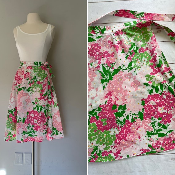 1970s Floral Wrap Skirt | 70s Pink and Green Flor… - image 1