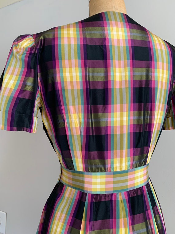 1940s Pastel Rainbow Plaid Taffeta Dress  / 40s t… - image 6