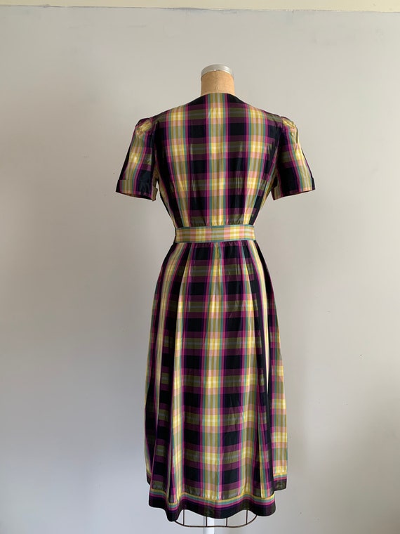 1940s Pastel Rainbow Plaid Taffeta Dress  / 40s t… - image 9