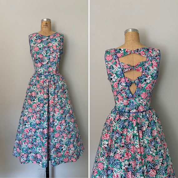1980s Lanz Bow Back Dress / 80s Floral Lanz Cotton
