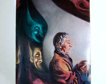Woman knitting - Modern Art - Unique Oil Painting - Original Small Art