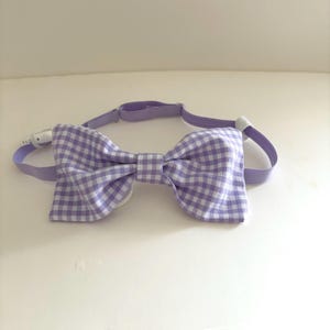 May include: A lavender and white gingham bow tie with an adjustable lavender strap. The bow tie is made of fabric and has a classic bow shape. The strap has a white plastic clasp.