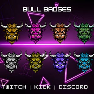 Twitch Bull Badges | Set Of 8 Badges | Twitch Animal Badges | Ready For Immediate Use | Sub/Bit Badges | Instant Download |
