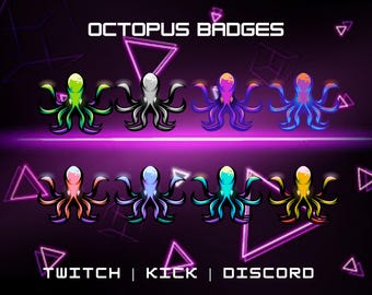 May include: Eight colorful octopus badges with a neon glow. The badges feature different colors, including green, black, purple, blue, pink, teal, yellow, and orange. The text "OCTOPUS BADGES" is at the top of the image, and the text "TWITCH | KICK | DISCORD" is at the bottom.