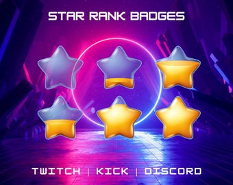 Op de afbeelding: Vijf stervormige badges met een verloop van blauw naar geel. De badges zijn in een cirkel gerangschikt met de tekst "STAR RANK BADGES" erboven en "TWITCH | KICK | DISCORD" eronder.