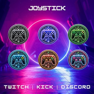 May include: Six different colored circular icons with a neon glow effect. Each icon features a black and white gamepad controller with a neon glow effect in a different color. The colors are black, blue, green, orange, pink, and purple. The text "JOYSTICK" is at the top of the image. The text "TWITCH | KICK | DISCORD" is at the bottom of the image.