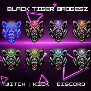 Odznaki Twitch Black Tiger Sub, odznaki Bit, odznaki Subskrybenta, grafiki Streamera, odznaki Kawaii i odznaki Zwierząt.