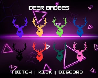 May include: A set of eight deer head badges in different colors, including purple, orange, green, blue, black, red, dark green, and pink. The badges are displayed against a dark purple background with neon pink triangles. The text "DEER BADGES" is at the top of the image, and the text "TWITCH | KICK | DISCORD" is at the bottom.