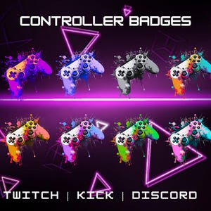 Puede incluir: Un conjunto de insignias de mando coloridas para Twitch, Kick y Discord. Las insignias presentan un mando de videojuego estilizado con un esquema de color diferente para cada plataforma.