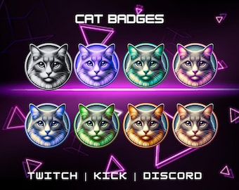 May include: A set of eight cat badges in different colors, including gray, purple, teal, pink, blue, green, orange, and brown. The badges feature a stylized cat face with a white background and a neon pink outline. The text "CAT BADGES" is displayed in neon pink at the top of the image. The text "TWITCH | KICK | DISCORD" is displayed in white at the bottom of the image.