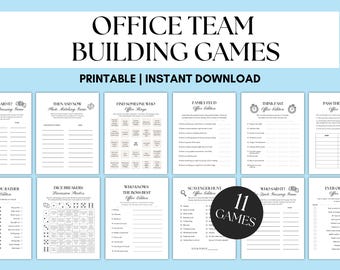 May include: A collection of printable office team-building games. The image features 11 different games, including "Find Someone Who" and "Family Feud." The text "Office Team Building Games" is displayed at the top.