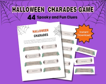 May include: Halloween Charades game with 44 spooky and fun clues. The game includes printable cards with Halloween-themed prompts like "Trick or Treating" and "Zombie Walking." The design features a purple background with spiderwebs and an orange "Instant Download" star.