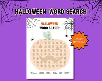 May include: A Halloween-themed word search puzzle with a pumpkin graphic in the center. The words are hidden within a grid of letters. The title "HALLOWEEN WORD SEARCH" is at the top. Includes the words: Happy, Pumpkin, Costume, Candy, Spooky, Witch, Zombie, Trick, Monster, Scary.