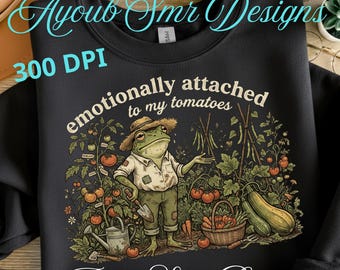Apegado emocionalmente a mis tomates PNG: Rana divertida jardinera Cottagecore amante de la jardinería png Arte vegetal vintage (Descarga digital)