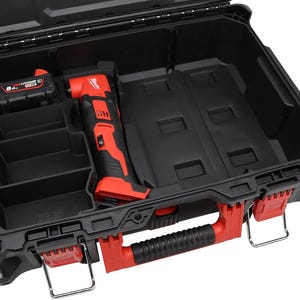 May include: Black and red tool case with a red and black handle. The case is open, revealing a red and black oscillating multi-tool, a battery, and storage compartments. The case has red latches and a handle.