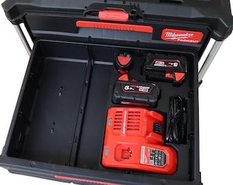 Milwaukee Packout 3/2 Drawer Insert for Charger and Two M18 Batteries – 3D Printed Tool Organizer | Ready to Use | Packout Storage Solution
