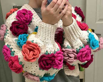 Crochet Cardigan Pattern, Rose Garden Jacket crochet pattern, granny square flowers, Crochet Sweater, Easy Crochet Coat, Crochet Pattern PDF