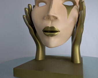 Escultura facial / Elegante figura de máscara abstracta / Decoración de estante única / Glamoroso acento de la Regencia de Hollywood