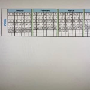 May include: A calendar for the year 2026 with the months of January, February, and March. The calendar is divided into three sections, each with a different month. The days of the week are listed across the top of each section, and the numbers of the days are listed in rows below.