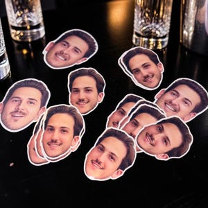 Groom face sticker custom bride face decal for bridal party favor, personalized 30th birthday sticker made from your photo, designed as a waterproof sticker perfect for party favors. This groom face sticker and custom bride face decal also works as a pet photo sticker, laptop label, gift, or fun personalized decor, ideal for bridal party favors, custom photo decals, waterproof stickers, 30th birthday gifts, laptop stickers, and unique celebration labels.