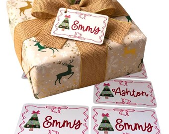 christmas tree coquette bow sticker sheet xmas present gift label chrsitmas bow custom name