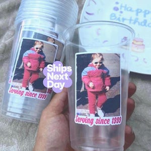 Custom party cup personalized plastic cup with photo, perfect for 30th and 50th birthday decorations and personalized birthday party decor. These custom photo cups are ideal for milestone birthday celebrations, adult party favors, and event tableware. Personalized plastic cups with photos add a unique touch to birthday parties, making them memorable. Great for custom birthday party decor, photo cups for 30th birthday, 50th birthday party favors, and personalized party accessories.