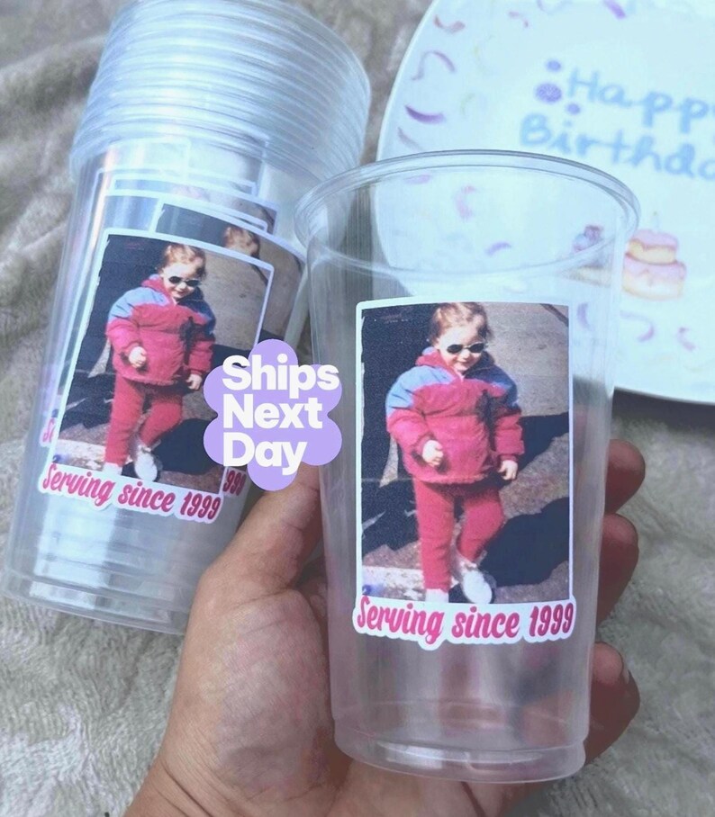Custom party cup personalized plastic cup with photo, perfect for 30th and 50th birthday decorations and personalized birthday party decor. These custom photo cups are ideal for milestone birthday celebrations, adult party favors, and event tableware. Personalized plastic cups with photos add a unique touch to birthday parties, making them memorable. Great for custom birthday party decor, photo cups for 30th birthday, 50th birthday party favors, and personalized party accessories.