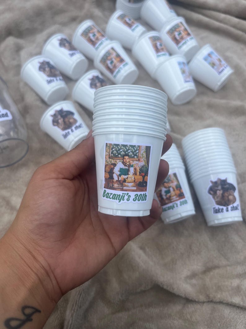 Custom party cup personalized plastic cup with photo, perfect for 30th and 50th birthday decorations and personalized birthday party decor. These custom photo cups are ideal for milestone birthday celebrations, adult party favors, and event tableware. Personalized plastic cups with photos add a unique touch to birthday parties, making them memorable. Great for custom birthday party decor, photo cups for 30th birthday, 50th birthday party favors, and personalized party accessories.