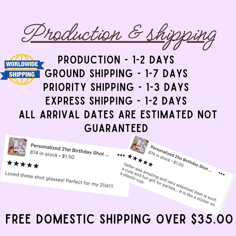 May include: Image with text about production and shipping times, including "Production - 1-2 Days" and "Express Shipping - 1-2 Days." Also includes customer reviews for "Personalized 21st Birthday Shot" glasses. The text "Free Domestic Shipping Over $35.00" is also visible.