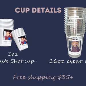 Peut inclure: Gobelets blancs de 3 oz et gobelets transparents de 16 oz. Les gobelets blancs portent une photo d'un enfant avec le texte "Made in 2021". Les gobelets transparents portent une photo d'un enfant avec le texte "The Groom".