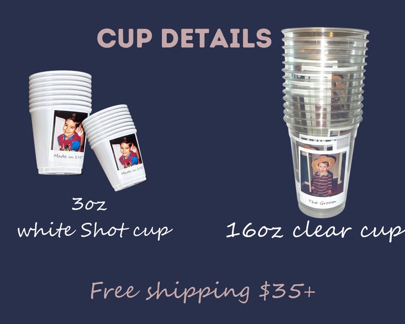 Peut inclure: Gobelets blancs de 3 oz et gobelets transparents de 16 oz. Les gobelets blancs portent une photo d'un enfant avec le texte "Made in 2021". Les gobelets transparents portent une photo d'un enfant avec le texte "The Groom".