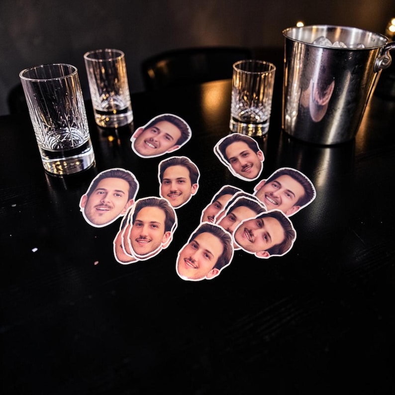 Groom face sticker custom bride face decal for bridal party favor, personalized 30th birthday sticker made from your photo, designed as a waterproof sticker perfect for party favors. This groom face sticker and custom bride face decal also works as a pet photo sticker, laptop label, gift, or fun personalized decor, ideal for bridal party favors, custom photo decals, waterproof stickers, 30th birthday gifts, laptop stickers, and unique celebration labels.