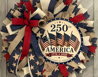 250th America Anniversary Wreath, Patriotic Mesh Wreath, 1776-2026 America 250 Years of Freedom Decor, Fourth of July Front Door Wreath